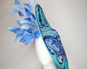 kentucky derby hat fascinator large green teal blue sinamay with embroidered blue turquoise navy scroll design with blue feathers